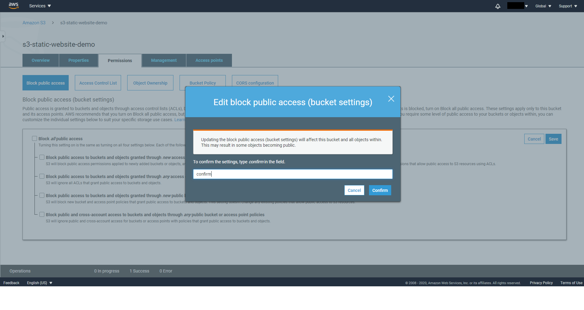 Confirm allow public access to Bucket