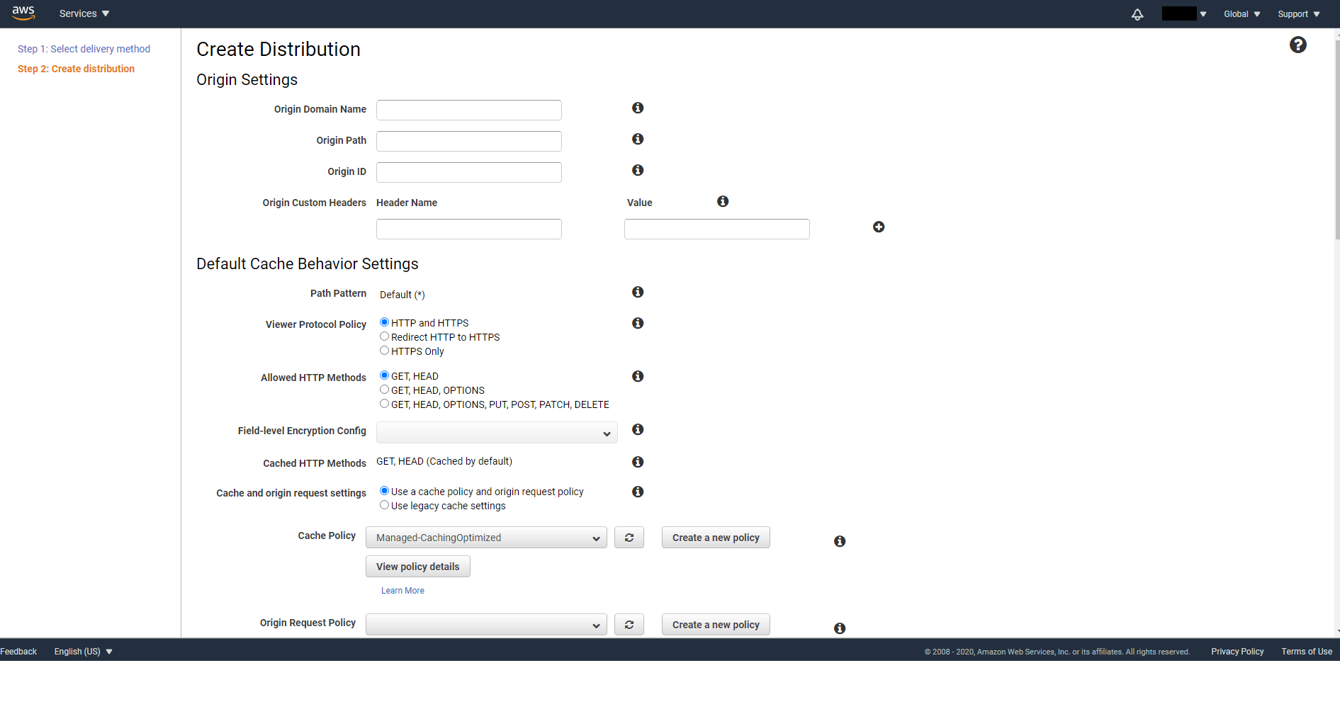 CloudFront distribution creation form