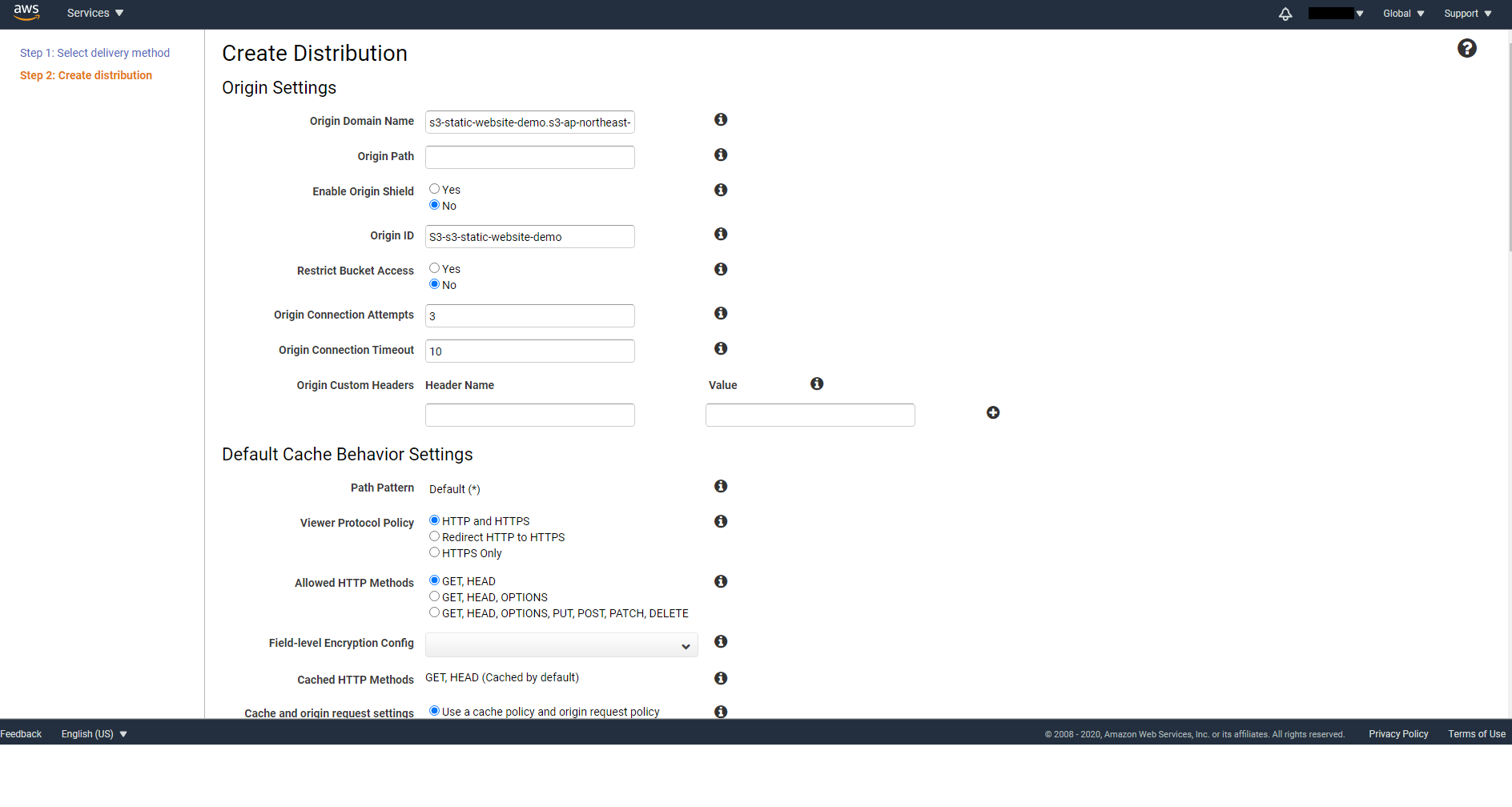 Filling in origin domain of S3 Bucket