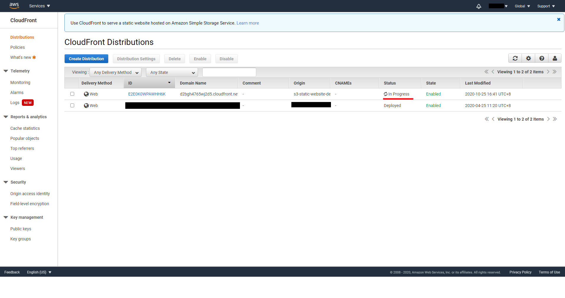 CloudFront distribution create in progress