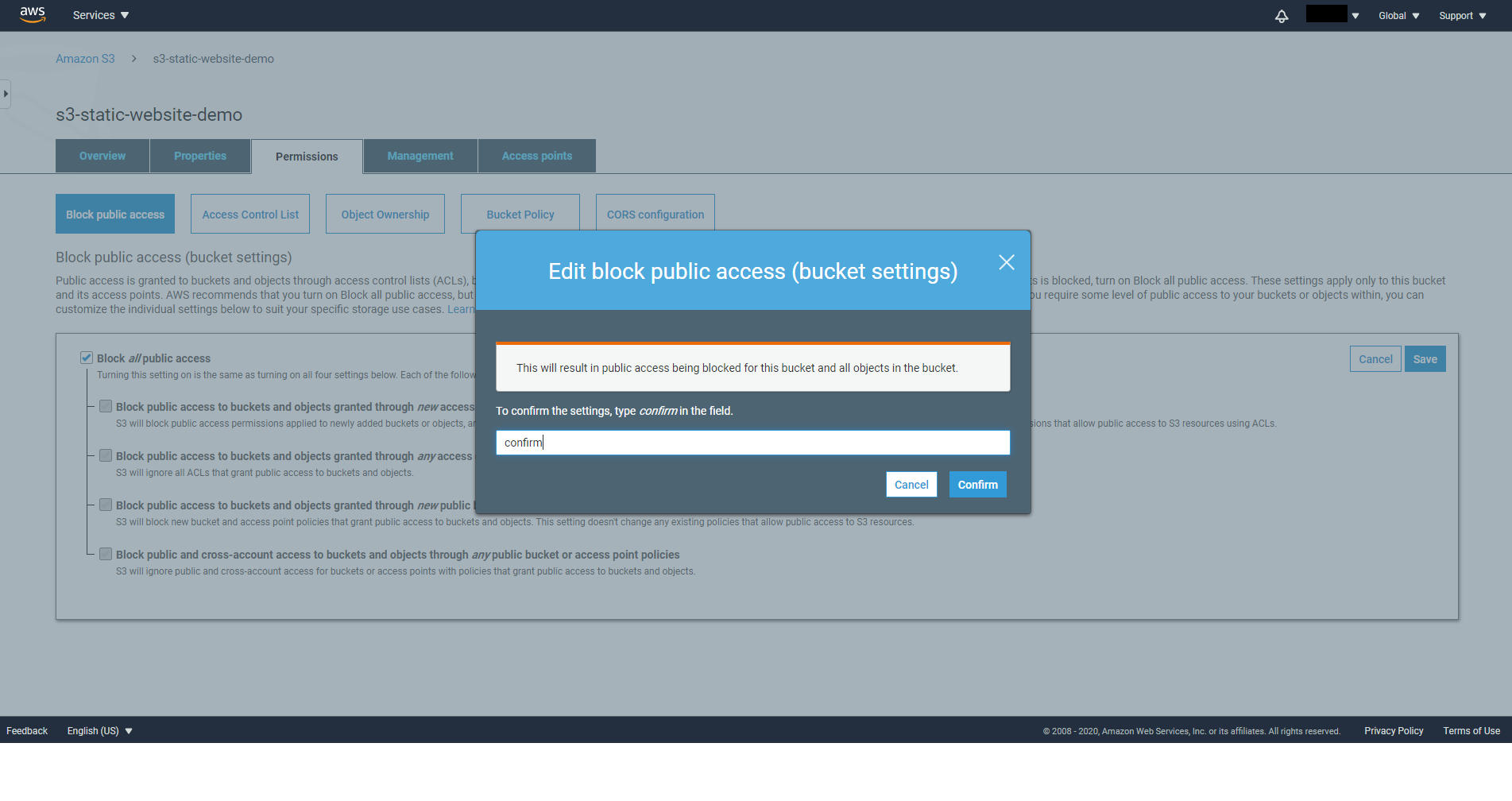 Confirm block public access to S3 Bucket