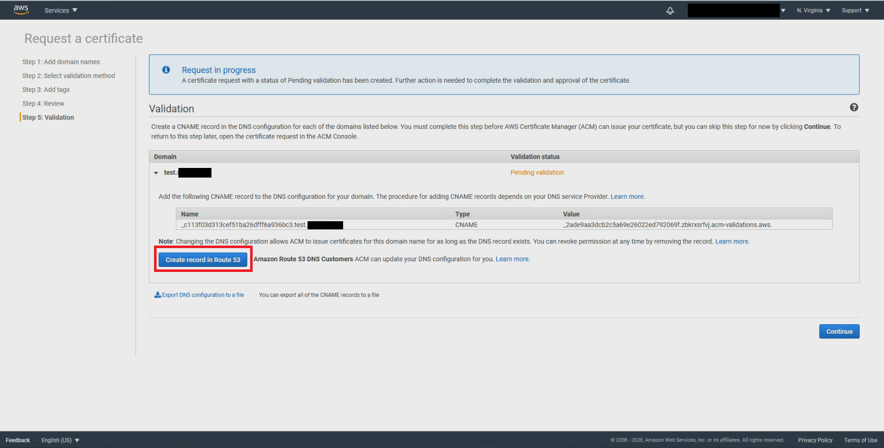 Create record in Route 53 for validation