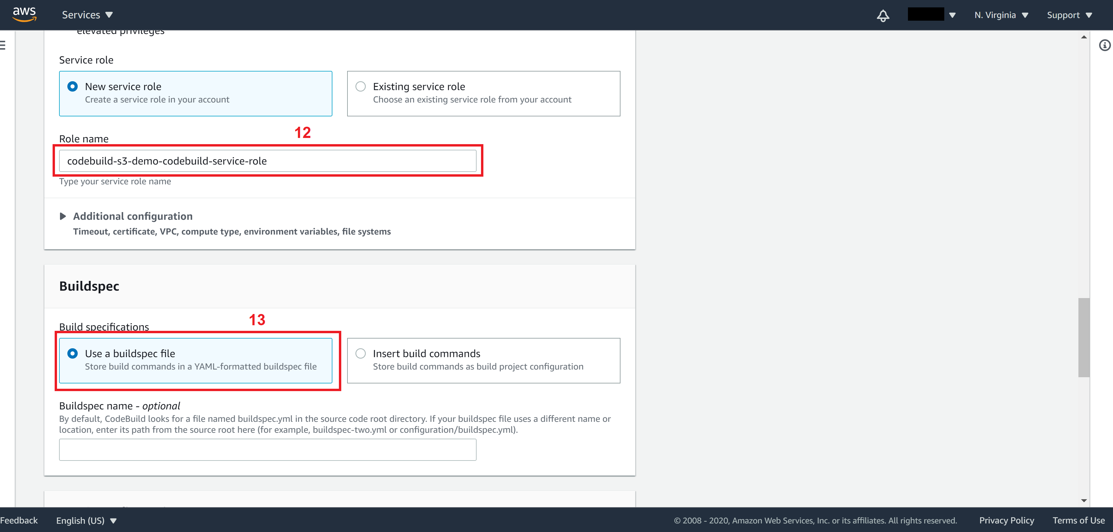 Select role and specify buildspec file