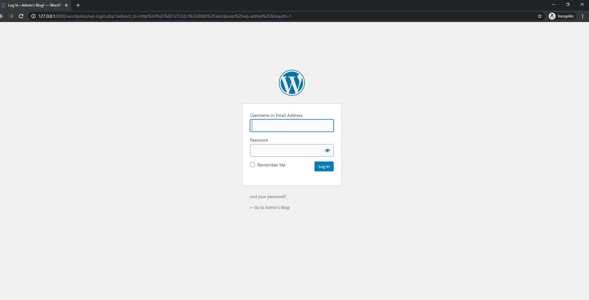 WordPress console login page