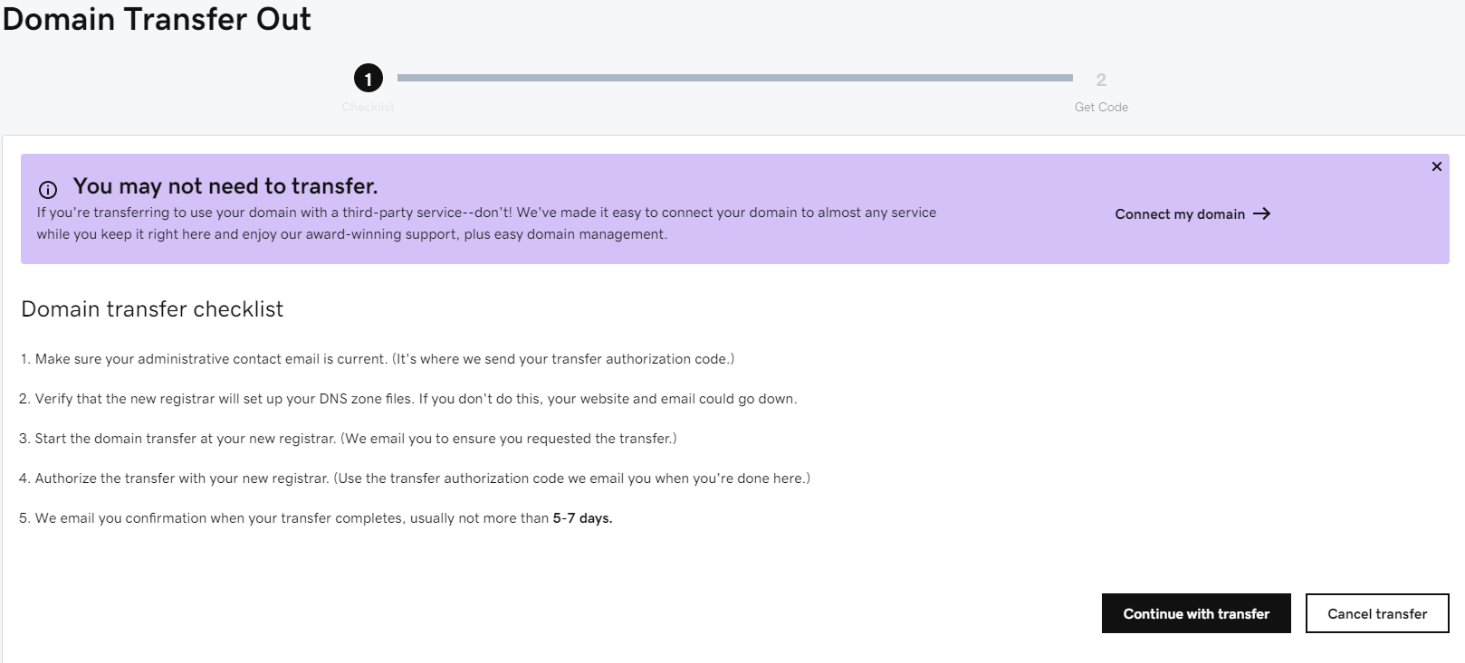 Domain transfer checklist